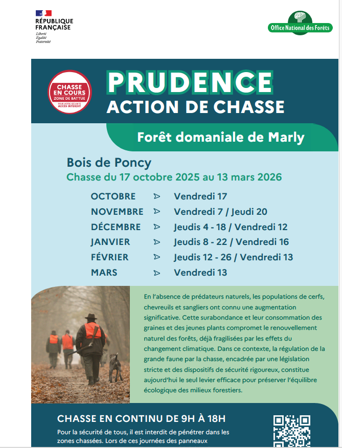 Date des chasses dans le bois de Poncy, massif forestier de Marly du 17 octobre 2025 au 13 mars 2025