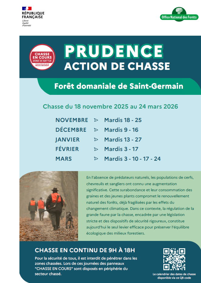 Date des chasses en forêt de Saint-Germain du 18 octobre 2025 jusqu'au 24 mars 2026
