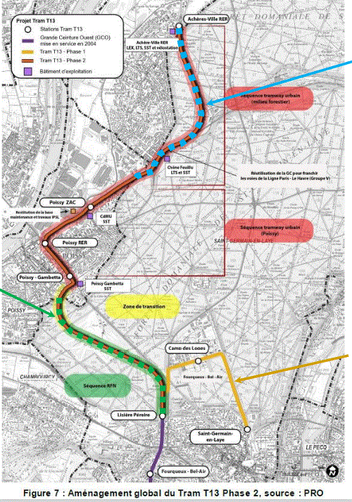 Plan du tracé de la phase 2 du T13 allant de la lisière Pereire à Achère-Ville-RER en passant par Poissy