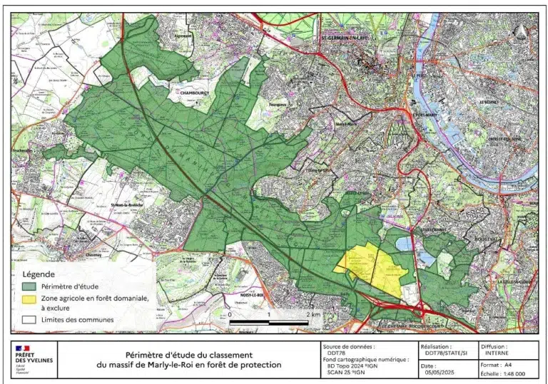 Carte du périmètre d'étude du classement de la forêt de Marly en forêt de protection communiqué par l'ONF lors de la réunion de lancement de la procédure de classement le 22 mai 2025 Versailles présidée par monsieur par Monsieur Devouge, secrétaire de la préfecture et avec la présence de Monsieur Bruno DUTREVE, Chef de mission Forêt de protection, Service Environnement de la Direction Départementale des Territoires des Yvelines.