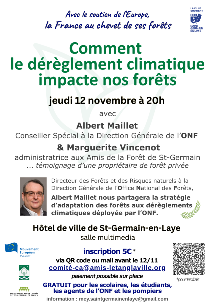Affiche pour la 1ère conférence du 12 novembre 2026 : Impacts du dérèglement climatique sur nos forêts